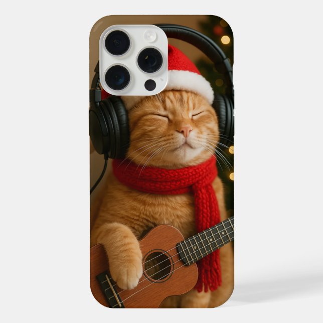Capa de iPhone 15 Pro Max com gato tocando música  (Verso)