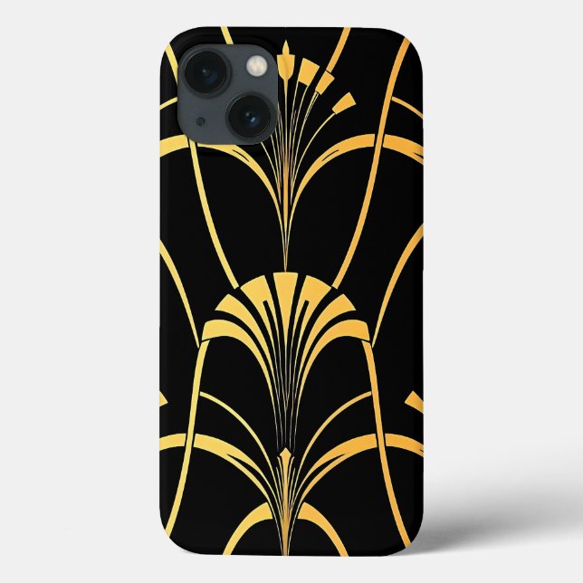 Capa de iPhone com padrão preto dourado Art Deco (Verso)