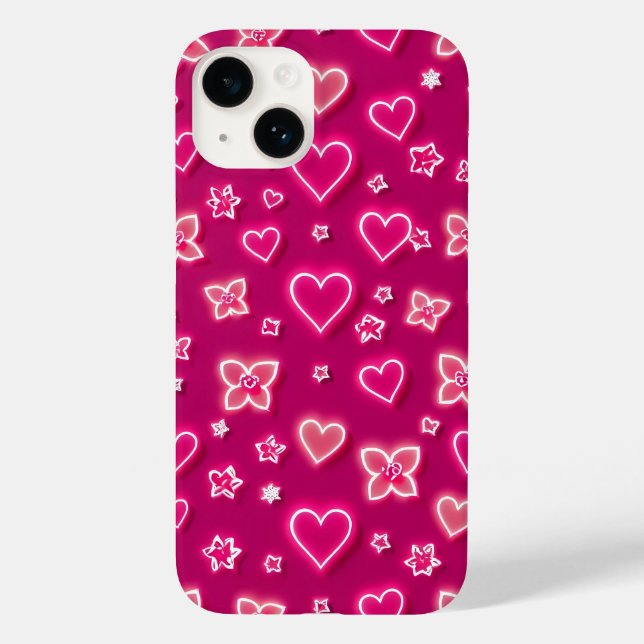 Capa de iPhone Corações e Estrelas Neon Rosa (Verso)