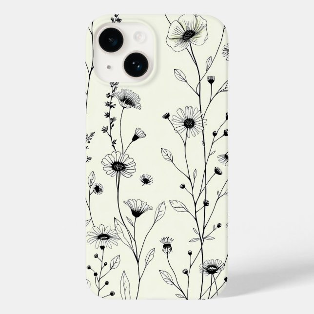 Capa de iPhone Creme com Arte Floral em Linha Pret (Verso)