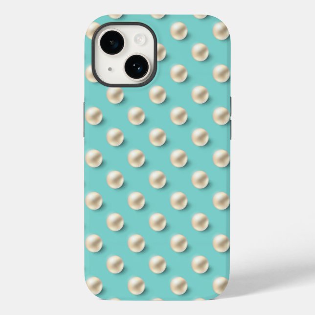 Capa de iPhone Elegante em Verde Azul e Pérolas (Verso)