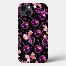 Capa de iPhone Preta com Padrão Cereja Glossy Roxo