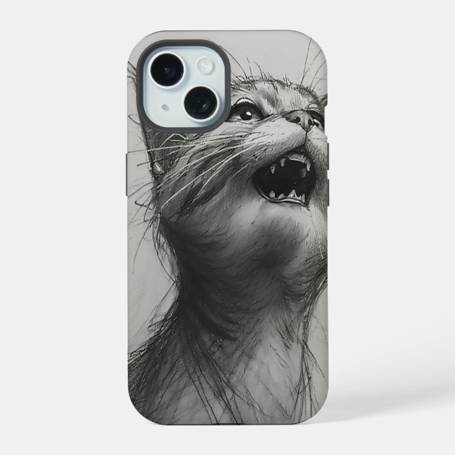 Capa de iPhone Preto e Branco de Gato Gritando Mem (Verso)