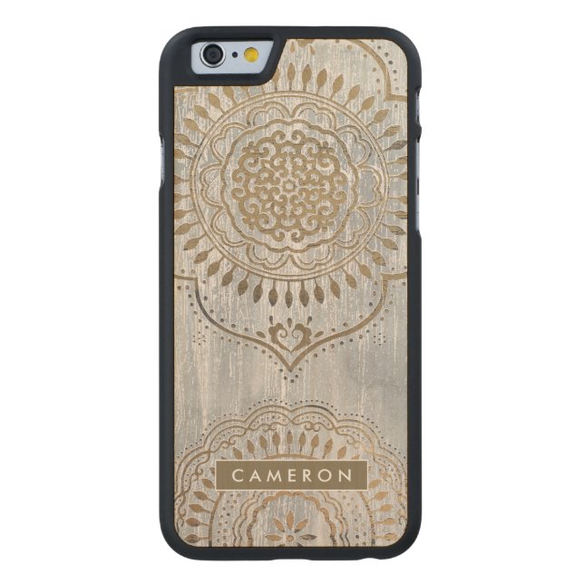 Capa De Madeira Para iPhone, Carved Adicione seu nome | Mandala Dourada Design (Verso)