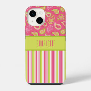 Capa de telefone com listras de paisley rosa e ver