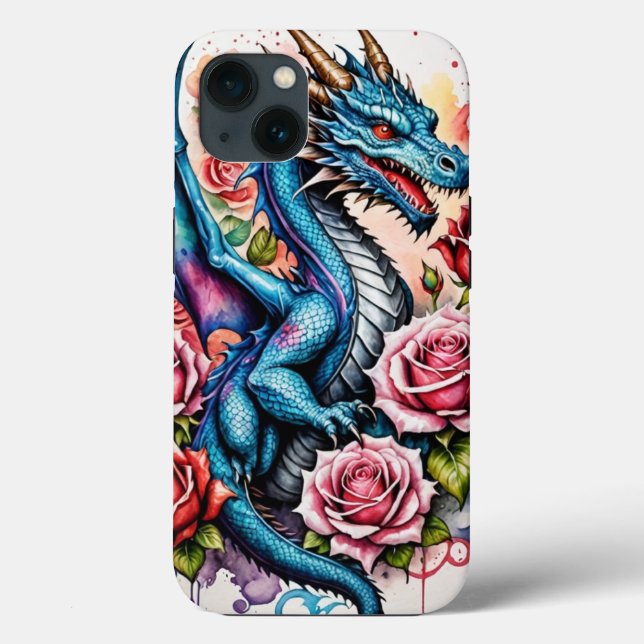 Capa de telefone de Dragão Azul na moda com Rosa v (Verso)