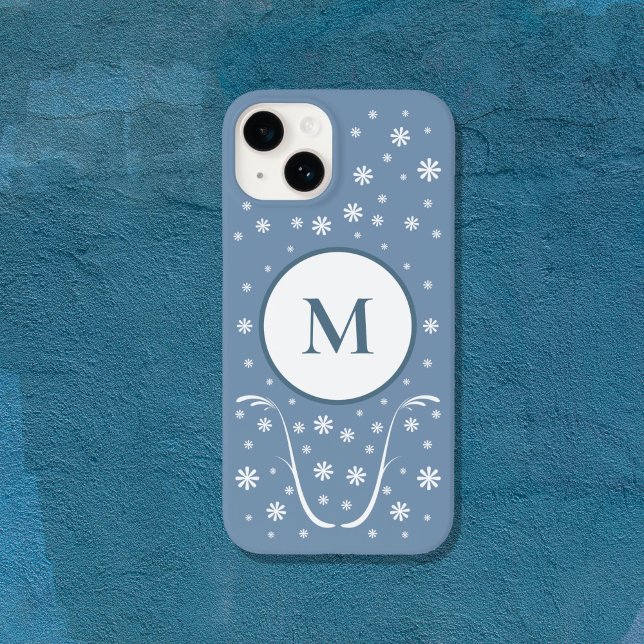 Capa de telefone de Monograma de Energia da Flor A (Dusty Blue Flower Power Monogram Phone Case)