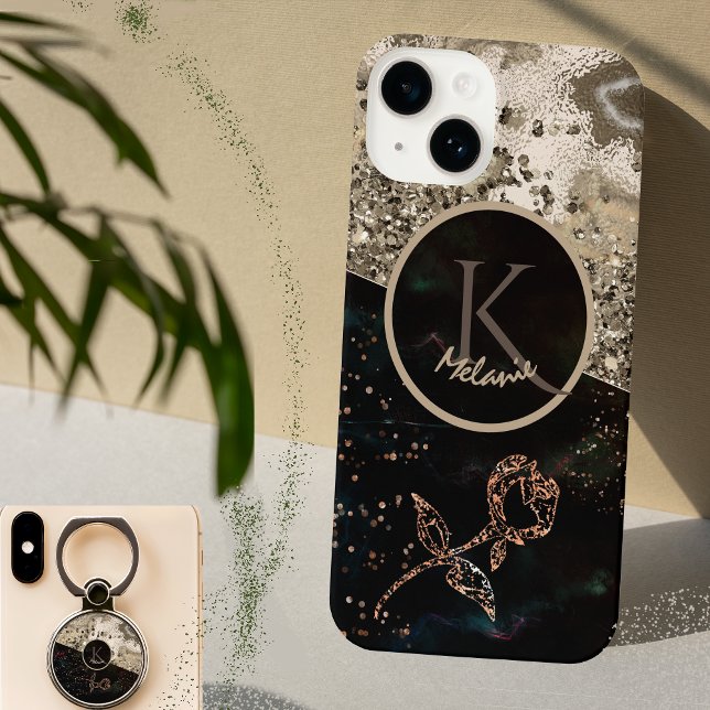 Capa de telefone de Rosa Clássica de Monograma Pre (Black Monogram Classy Phone Case)