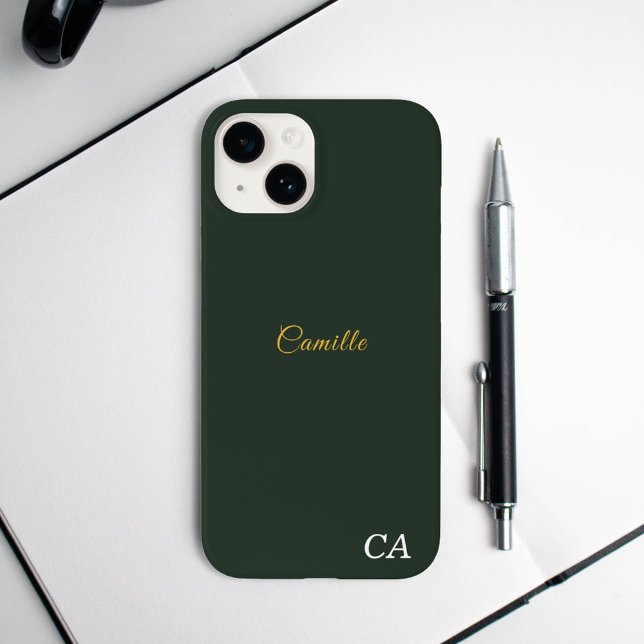 Capa de telefone Dourada e Monograma Verde da Flor (Stylish Gold & Forest Green Monogram Phone Case)