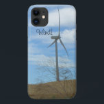 Capa de telefone - Energia eólica<br><div class="desc">Três turbinas eólicas em colinas de capim. Céu azul com nuvens brancas fofinhas. "Vento!" está escrito nas nuvens.</div>