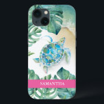 Capa de telefone Personalizada de Tartaruga Maríti<br><div class="desc">Esta capa de telefone personalizada apresenta uma tartaruga marinha de aquarela, litoral e folhas tropicais de palma monstera. Personalize com seu nome em branco sobre um fundo rosa. Trabalho de arte e design por Victoria Grigaliunas. Para ver mais capas de telefone como a vida marinha e a praia, visite www.zazzle.com/dotellabelle...</div>