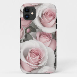 Capa de telefone rosa e rosas brancas