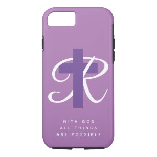 Capa iPhone 8/ 7 Monograma com cruz religiosa elegante, púrpura cla