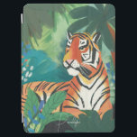 Capa Para iPad Air Ilustração de Tigre Selva com Nome<br><div class="desc">Impressão de arte digitalmente ilustrada de um tigre laranja brilhante em um ambiente de selva verde-luxuosa. Design por Shelby Allison.</div>