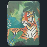 Capa Para iPad Air Ilustração de Tigre Selva com Nome<br><div class="desc">Impressão de arte digitalmente ilustrada de um tigre laranja brilhante em um ambiente de selva verde-luxuosa. Design por Shelby Allison.</div>