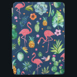 Capa Para iPad Air Padrões de Flamingos Rosa Bonitos e Folhetos Tropi<br><div class="desc">Flores tropicais,  animais,  flamingos,  abacaxi,  cacto padrão sem costura,  de cor azul marinho,  cor de fundo variável.</div>