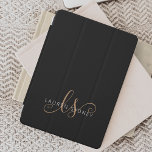 Capa Para iPad Air Script Feminino Dourado Preto Moderno Monograma<br><div class="desc">Capa de ipad Monograma De Script Feminina Dourada Preta Moderna. Personalize facilmente esta capa de ipad elegante moderna com o seu monograma e nome personalizados.</div>