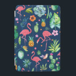 Capa Para iPad Mini Flamingos cor-de-rosa e padrão colorido tropical<br><div class="desc">Flores tropicais,  animais,  flamingos,  abacaxi,  cacto padrão sem costura,  de cor azul marinho,  cor de fundo variável.</div>