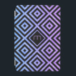 Capa Para iPad Mini Fundo Geométrico Azul-Cor-De-Rosa<br><div class="desc">Padrão elegante geométrico preto sem costura sobre gradiente de brilho de azul a rosa. Monograma personalizado e opcional com quadrado preto.</div>