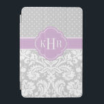 Capa Para iPad Mini Monograma das Bolinhas de cinzas e Damascos Roxos<br><div class="desc">O design de gabinete na moda iPad moderno de chic apresenta uma mistura de bolinhas pré-disquetes e cores damasco vintage elegantes personalizadas com suas iniciais de monograma ou nome em um quadro quatrefoil. Clique em Personalizar para alterar a fonte e as cores do monograma para criar a sua fonte exclusiva...</div>