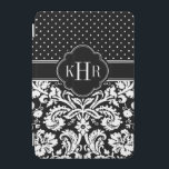Capa Para iPad Mini Monograma das Bolinhas de Damasco Preto e Branco<br><div class="desc">O design de gabinete na moda iPad moderno de chic apresenta uma mistura de bolinhas pré-disquetes e cores damasco vintage elegantes personalizadas com suas iniciais de monograma ou nome em um quadro quatrefoil. Clique em Personalizar para alterar a fonte e as cores do monograma para criar a sua fonte exclusiva...</div>