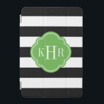 Capa Para iPad Mini Monograma de faixas largas a preto e verde<br><div class="desc">O design de gabinete na moda iPad moderno de chic apresenta um padrão de faixa horizontal pré-definido personalizado com as iniciais do seu monograma ou o seu nome num quadro quatrefoil. Clique em Personalizar para alterar a fonte e as cores do monograma para criar a sua fonte exclusiva de um...</div>