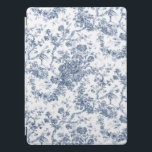 Capa Para iPad Pro Elegante Vintage Francês Gravado Floral Toile-Blue<br><div class="desc">Padrão de madeira elegante e ornamentado, azul e branco, toile de jouy, com flores exóticas, vinhas e folhagem entrelaçadas com glândulas e cestos de rosas. Este padrão foi adaptado de um fragmento histórico têxtil francês cerca de 1910 na coleção Smithsonian. O padrão é de alta resolução, mas não pode ser...</div>