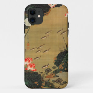 Capa Para iPhone 11 17. 蓮池遊魚図, lagoa com Lotus, Jakuchū do 