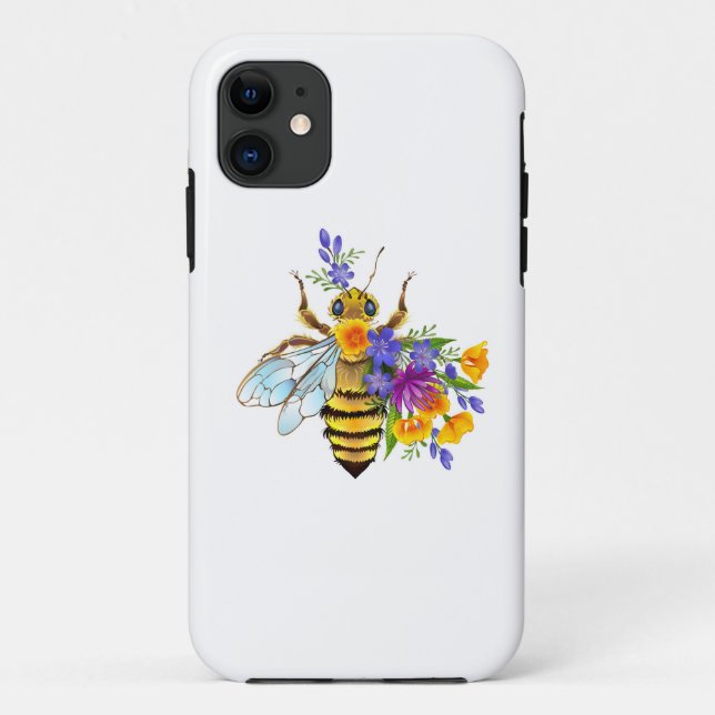 Capa Para iPhone 11 Abeja flor com plantas silvestres (Verso)