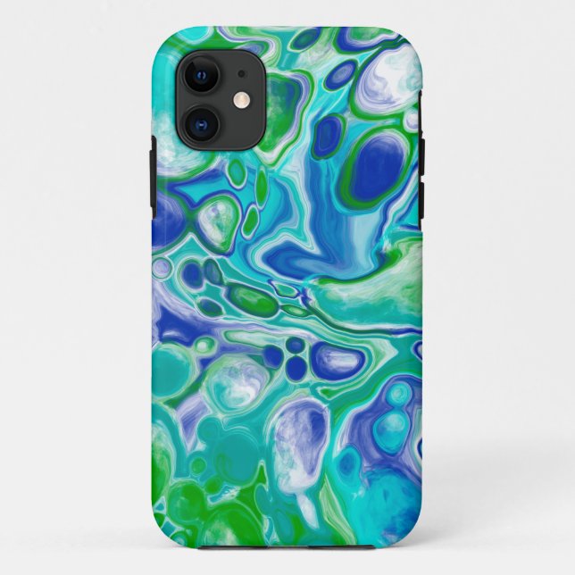 Capa Para iPhone 11 Abstrato de Arte Fluida Marble Azul e Verde (Verso)