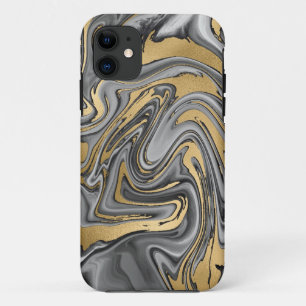 Capa Para iPhone 11 Abstrato De Óleo Marmoreado Preto, Branco E Doura