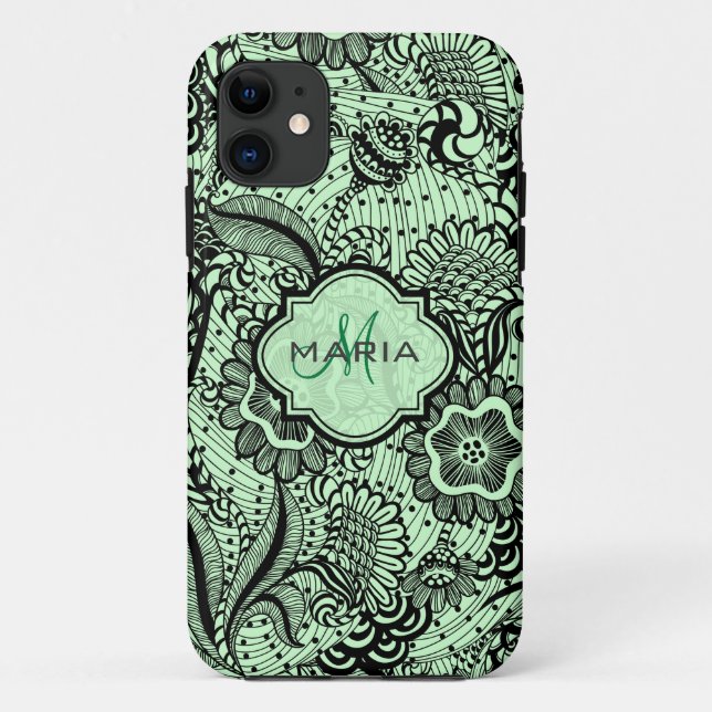 Capa Para iPhone 11 Abstrato Floral Negra E Verde Negra Monograma 2 (Verso)