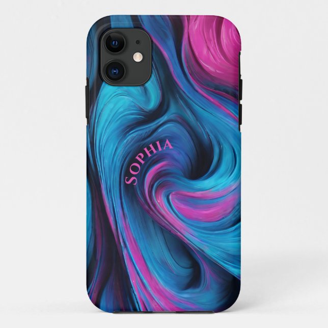 Capa Para iPhone 11 Abstrato Moderno Personalizado - Azul e Fúcsia - (Verso)