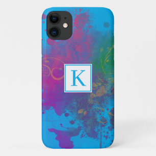 Capa Para iPhone 11 Abstrato Pintam-se, espirram, monograma azul
