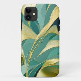 Capa Para iPhone 11 Abstrato Verde e Dourado Folhas Design