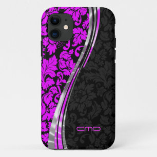 Capa Para iPhone 11 Acentos prateados de rosa quente e preto monograma