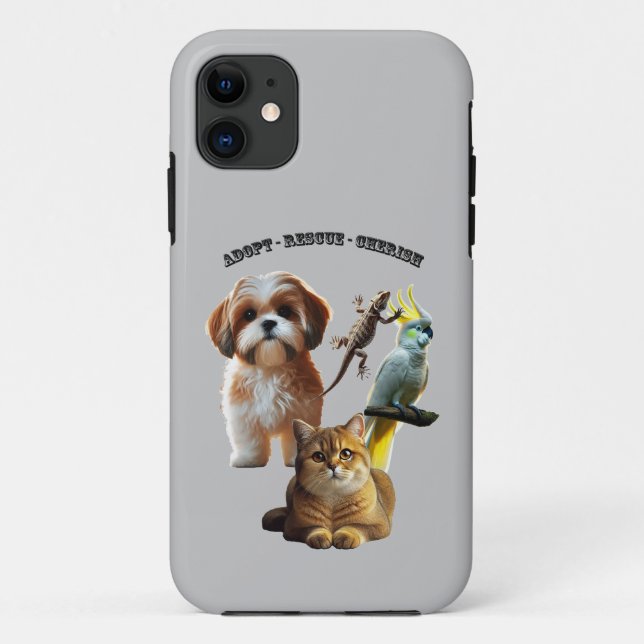 Capa Para iPhone 11 Adoção Pet com Cão, Gato, Pássaro e URM Lizard (Verso)