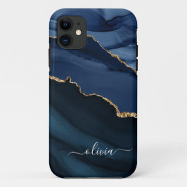 Capa Para iPhone 11 Ágata Azul-Marinho Geodo Monograma Dourado