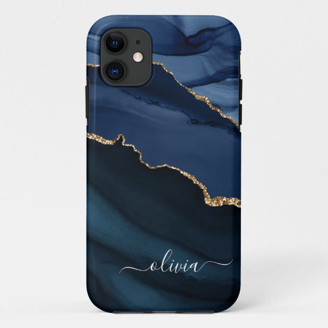 Capa Para iPhone 11 Ágata Azul-Marinho Geodo Monograma Dourado (Verso)