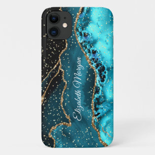 Capa Para iPhone 11 Ágata Verde, Preta e Dourada, Estrelas Douradas e