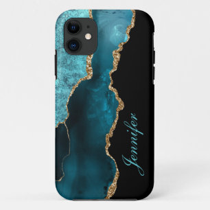 Capa Para iPhone 11 Agate Dourado de Cor de Água Teal Moderno Persona