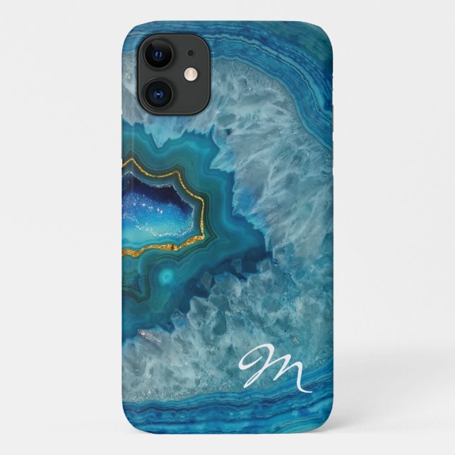 Capa Para iPhone 11 Agato de Geodo Azul Monograma (Verso)