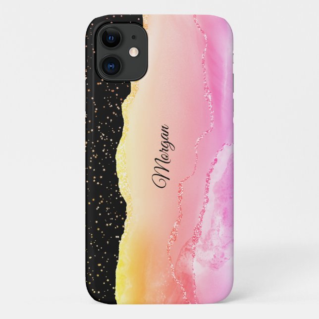 Capa Para iPhone 11 Agato de madeira rosa e amarela, estrelas Douradas (Verso)