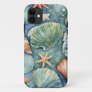 Capa Para iPhone 11 Água de Brisa Oceânica: Concha e Estrela do Mar