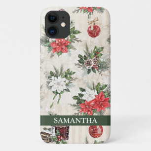 Capa Para iPhone 11 Algodão clássico de poinsettia vermelha e branca