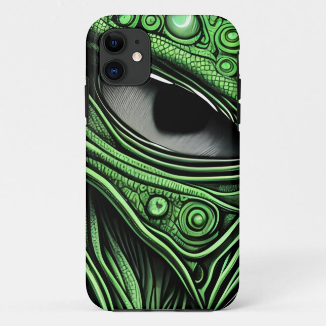 Capa Para iPhone 11 Alienígena Verde com Fundo de Linhas Degenerativas (Verso)