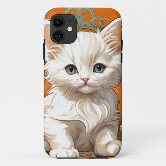 Capa Para iPhone 11 Alphonse Mucha Art Nouveau White Kitten (Verso)