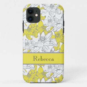 Capa Para iPhone 11 Amarelo Monogramado e Floral Cinza
