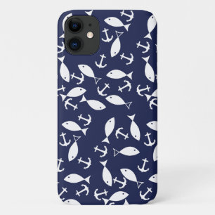 Capa Para iPhone 11 Âncora branca Fundo azul Capitão Peixe do Mar