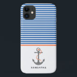 Capa Para iPhone 11 âncora das cinzas e náutica de coral azul, listras<br><div class="desc">âncora de cinza e listras no caso do iPhone 11 náutico. Esta elegante e moderna design de praia apresenta faixas horizontais em azul,  branco e coral,  uma âncora de cinza com corda e coração e seu nome</div>
